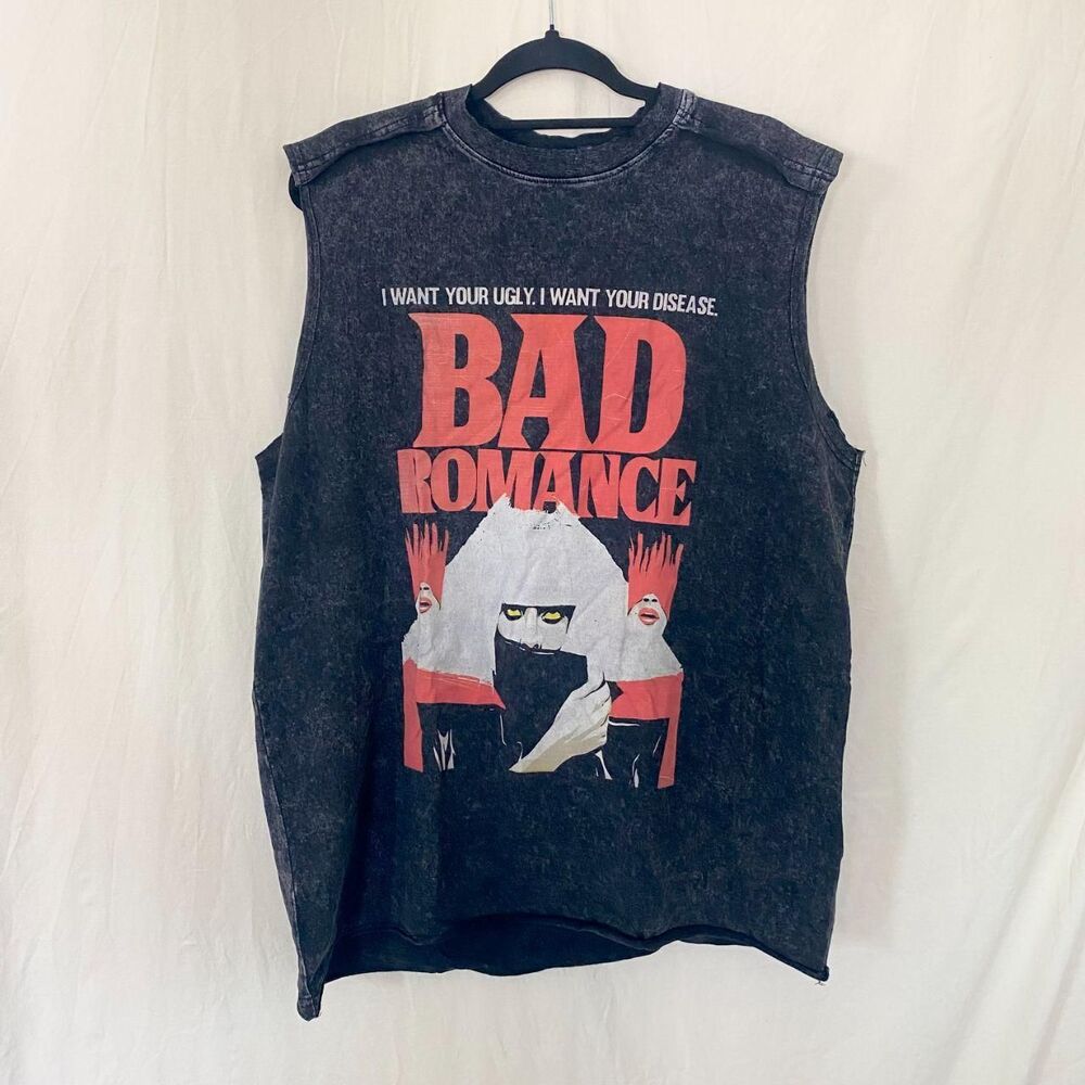 New black acid-wash Lady Gaga "Bad Romance" graphic muscle tank top XL